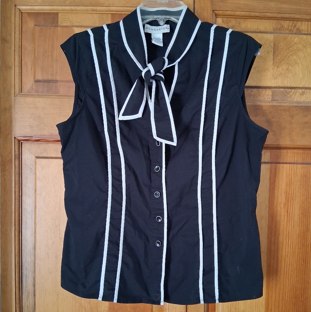 Doncaster Black and White Button-Down Blouse with Bow